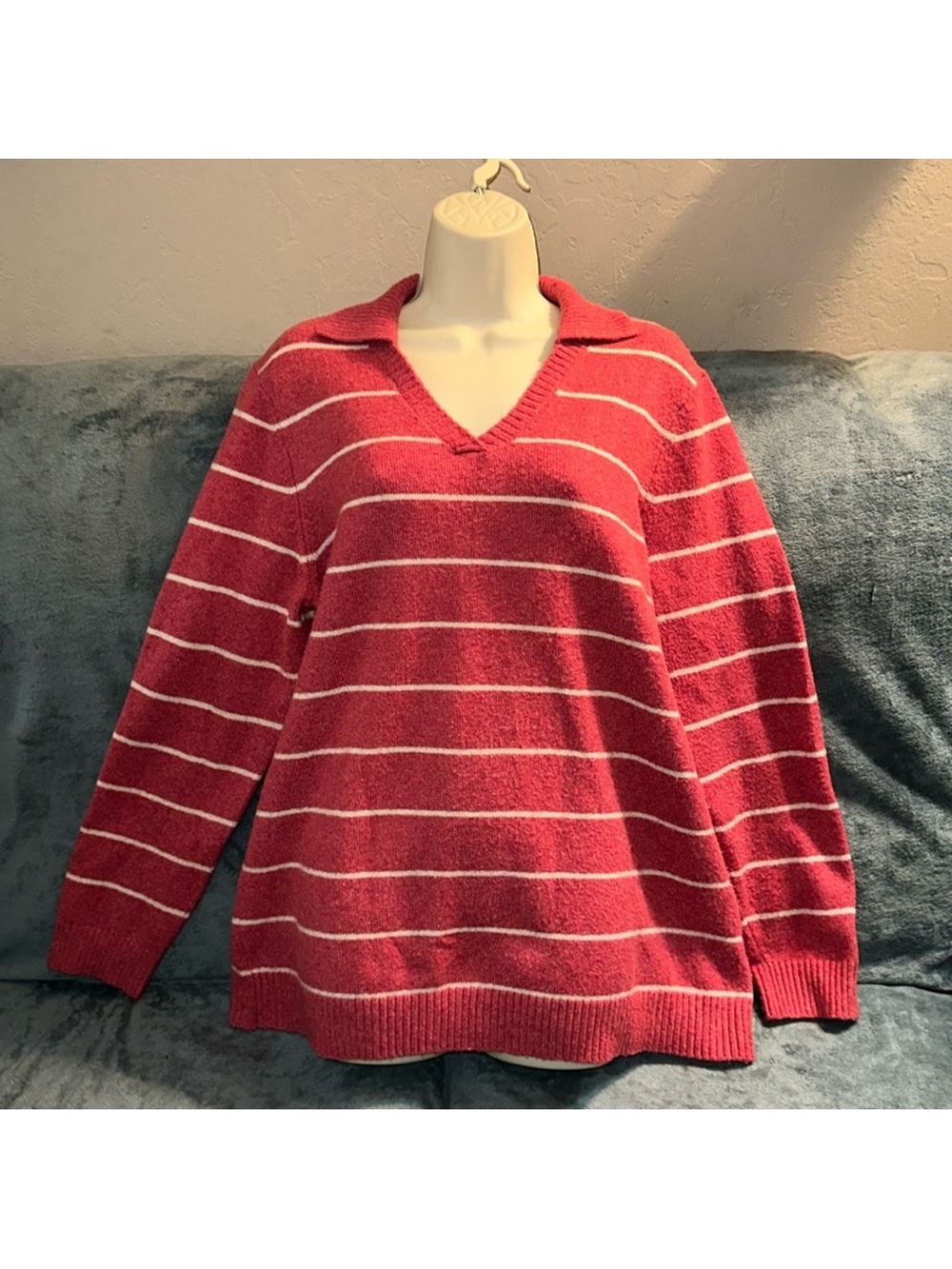 Blair large reddish orange and white Striped V-Neck Collared Sweater
